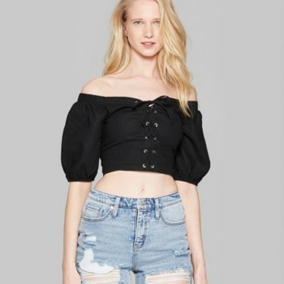 cropped peasant top with puff sleeves